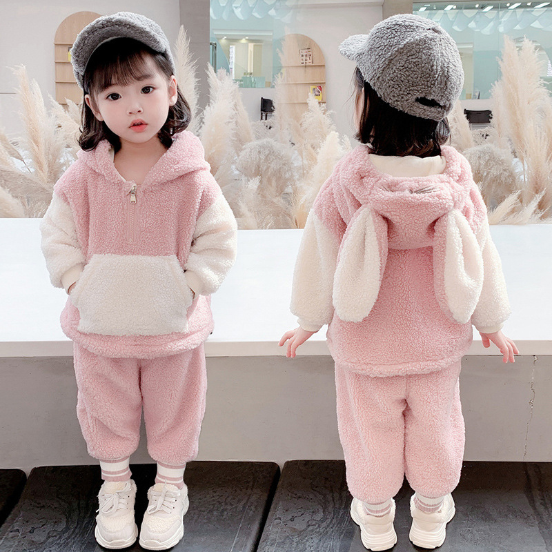 Children&#039;s Clothing Autumn and Winter Children&#039;s Suit 2021 New Baby Cartoon Thickened Casual Pants Girls&#039; Fleece-Lined Fluffy Sweater
