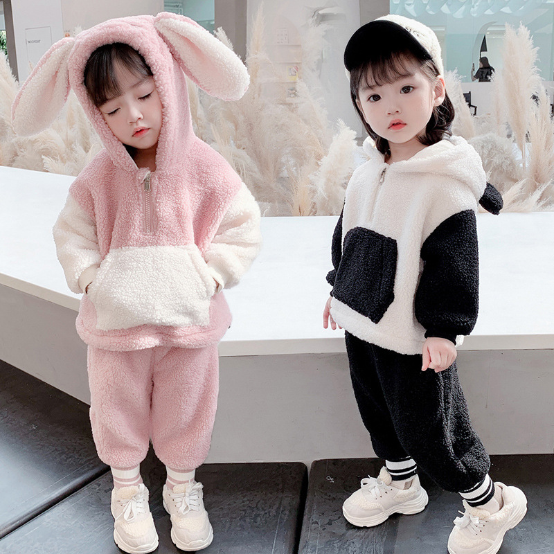 Children&#039;s Clothing Autumn and Winter Children&#039;s Suit 2021 New Baby Cartoon Thickened Casual Pants Girls&#039; Fleece-Lined Fluffy Sweater
