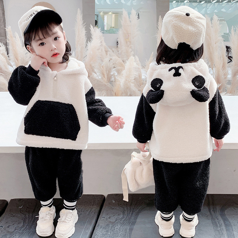 Children&#039;s Clothing Autumn and Winter Children&#039;s Suit 2021 New Baby Cartoon Thickened Casual Pants Girls&#039; Fleece-Lined Fluffy Sweater