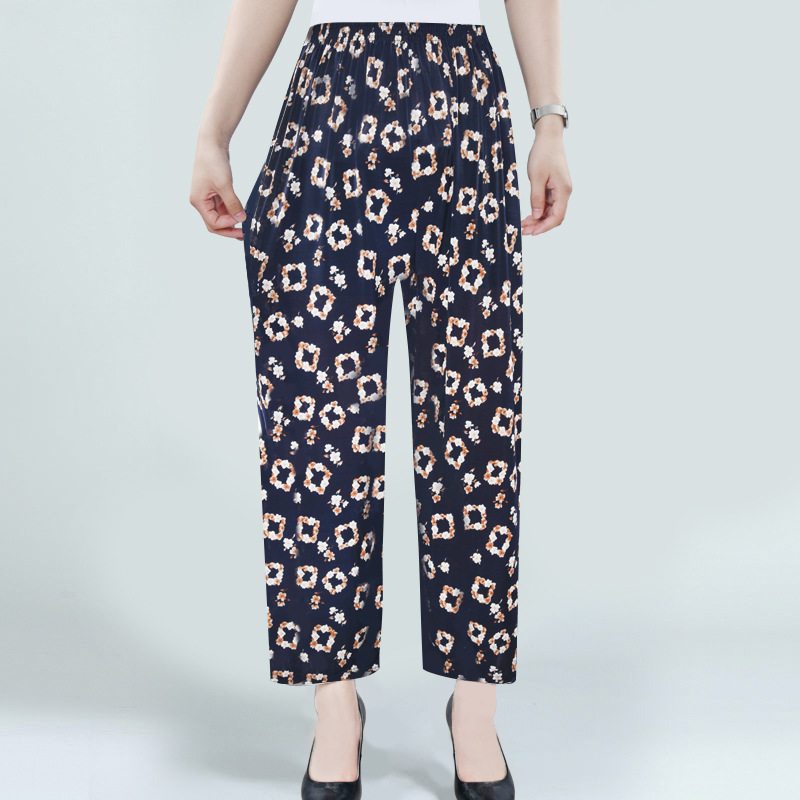Factory Direct Sales Summer Cool Ice Silk Women&#039;s Pants Ice Silk Women&#039;s Flower Pants Cropped Flower Pants Middle-Aged and Elderly Casual Pants