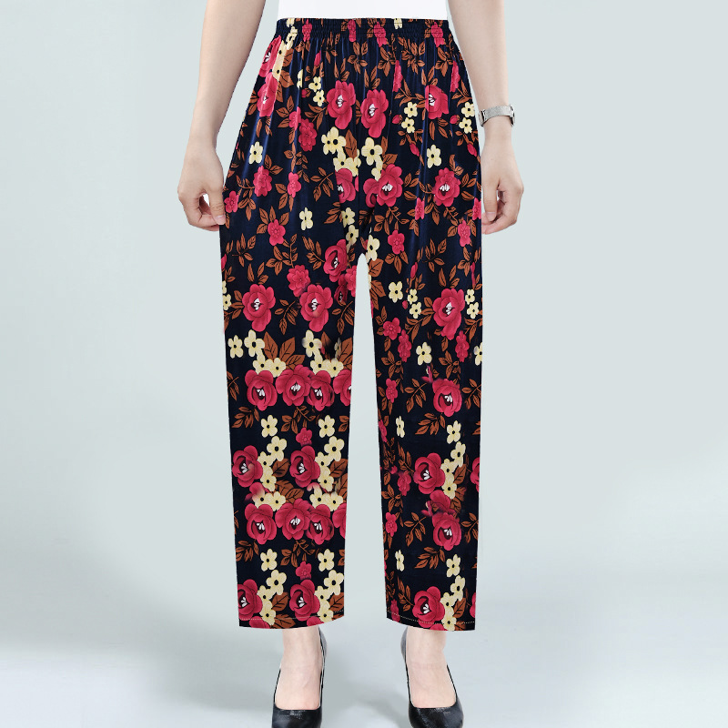 Factory Direct Sales Summer Cool Ice Silk Women&#039;s Pants Ice Silk Women&#039;s Flower Pants Cropped Flower Pants Middle-Aged and Elderly Casual Pants