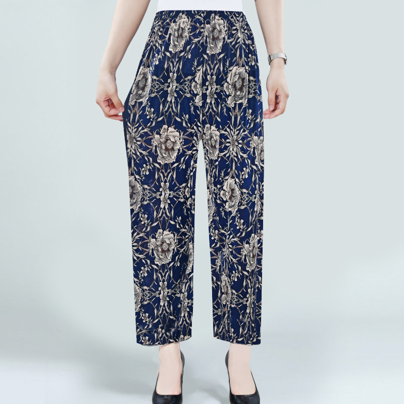 Factory Direct Sales Summer Cool Ice Silk Women&#039;s Pants Ice Silk Women&#039;s Flower Pants Cropped Flower Pants Middle-Aged and Elderly Casual Pants