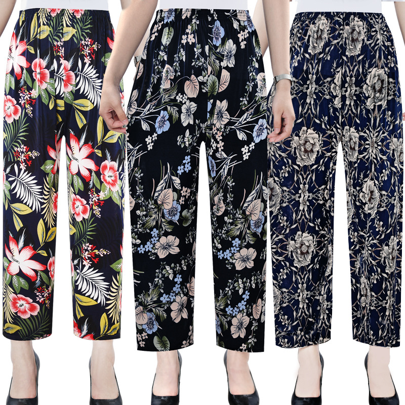 Factory Direct Sales Summer Cool Ice Silk Women&#039;s Pants Ice Silk Women&#039;s Flower Pants Cropped Flower Pants Middle-Aged and Elderly Casual Pants