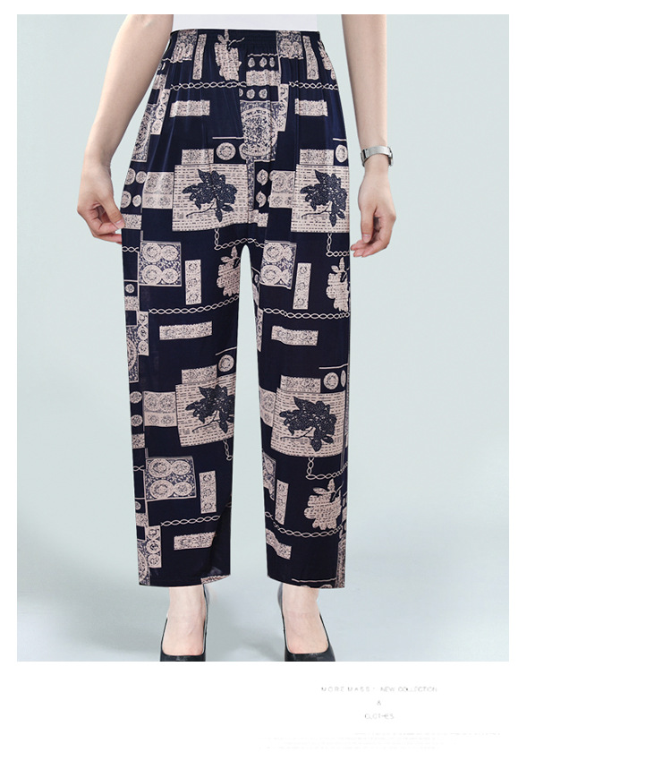 Factory Direct Sales Summer Cool Ice Silk Women's Pants Ice Silk Women's Flower Pants Cropped Flower Pants Middle-Aged and Elderly Casual Pants