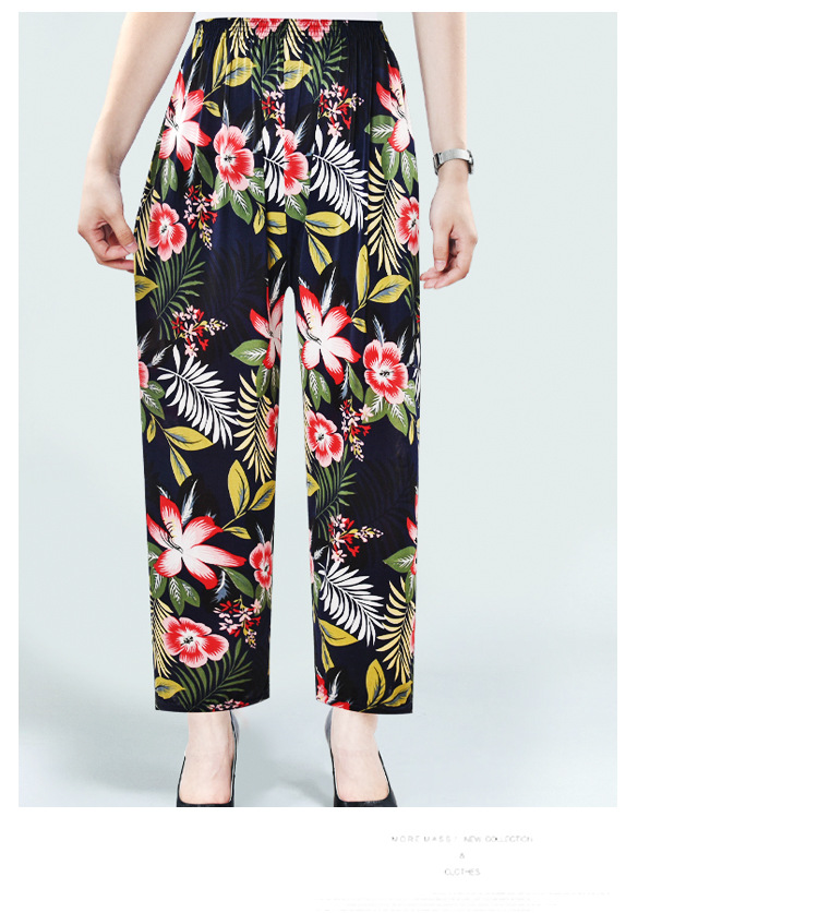 Factory Direct Sales Summer Cool Ice Silk Women's Pants Ice Silk Women's Flower Pants Cropped Flower Pants Middle-Aged and Elderly Casual Pants