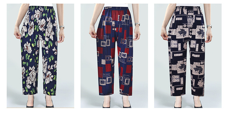 Factory Direct Sales Summer Cool Ice Silk Women's Pants Ice Silk Women's Flower Pants Cropped Flower Pants Middle-Aged and Elderly Casual Pants
