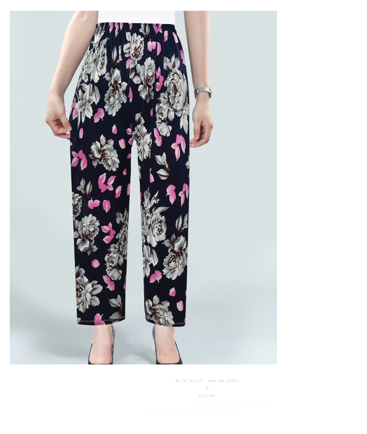 Factory Direct Sales Summer Cool Ice Silk Women's Pants Ice Silk Women's Flower Pants Cropped Flower Pants Middle-Aged and Elderly Casual Pants