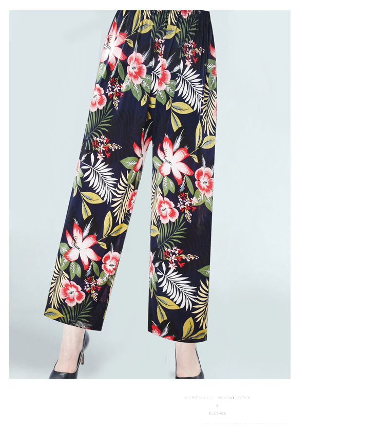 Factory Direct Sales Summer Cool Ice Silk Women's Pants Ice Silk Women's Flower Pants Cropped Flower Pants Middle-Aged and Elderly Casual Pants