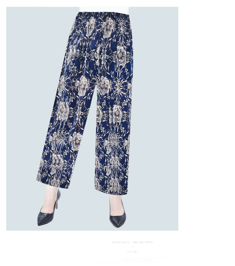 Factory Direct Sales Summer Cool Ice Silk Women's Pants Ice Silk Women's Flower Pants Cropped Flower Pants Middle-Aged and Elderly Casual Pants
