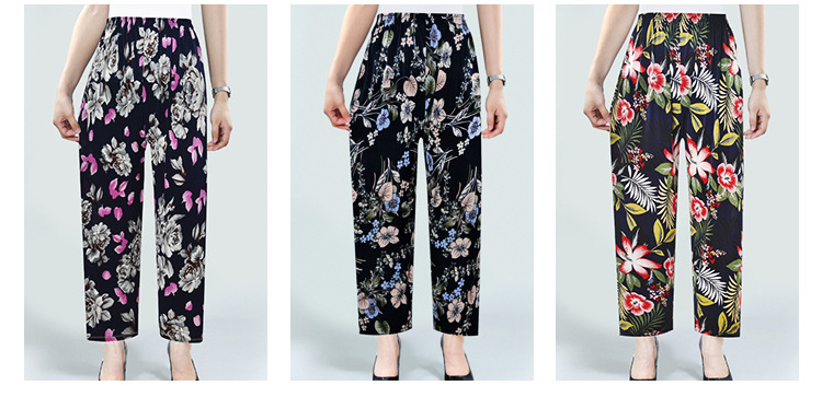Factory Direct Sales Summer Cool Ice Silk Women's Pants Ice Silk Women's Flower Pants Cropped Flower Pants Middle-Aged and Elderly Casual Pants