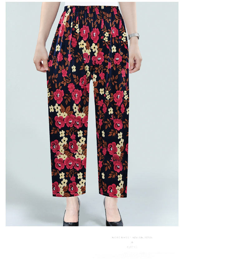 Factory Direct Sales Summer Cool Ice Silk Women's Pants Ice Silk Women's Flower Pants Cropped Flower Pants Middle-Aged and Elderly Casual Pants