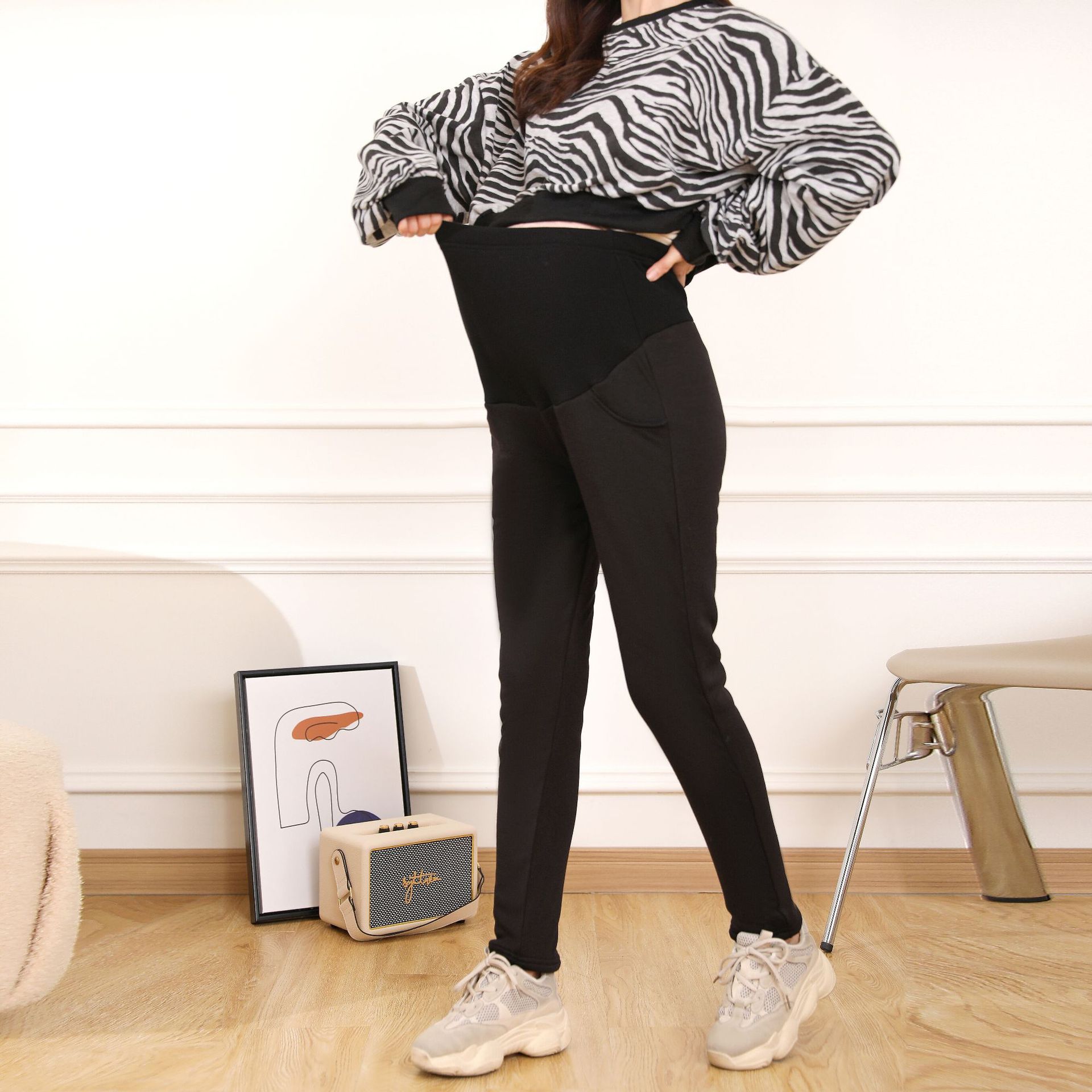 Extra Thick Pregnant Women&#039;s Cotton Pants Winter Warm Pants Thickened Fleece plus Size Leggings Three-Layer Outer Wear Winter