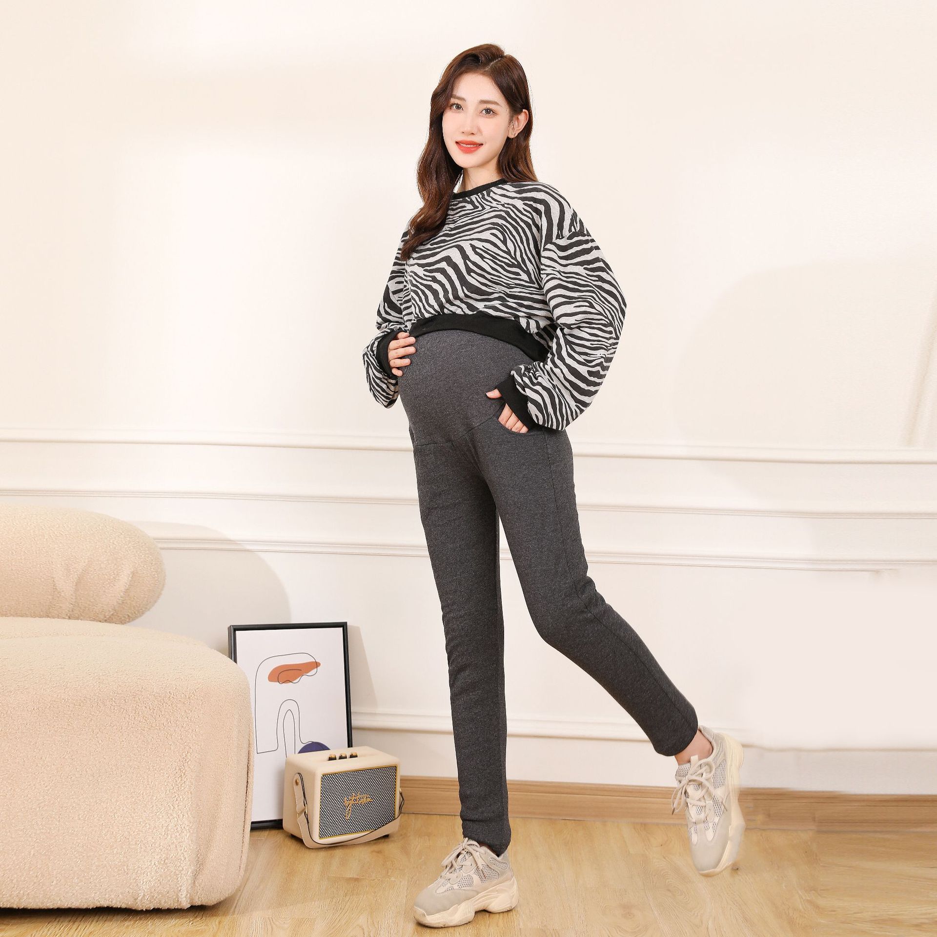Extra Thick Pregnant Women's Cotton Pants Winter Warm Pants Thickened Fleece plus Size Leggings Three-Layer Outer Wear Winter