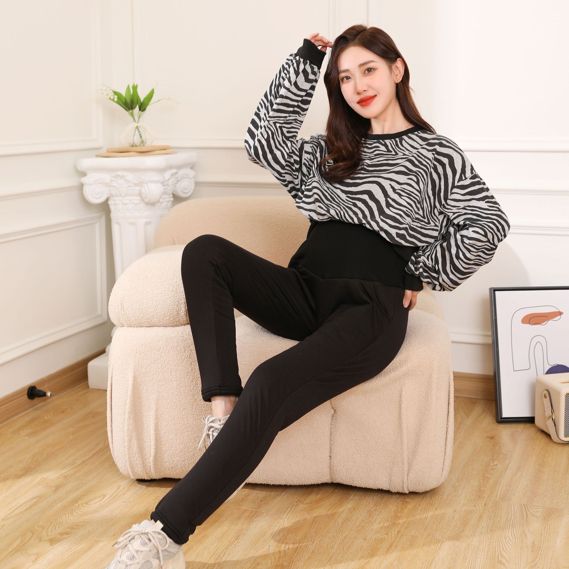 Extra Thick Pregnant Women's Cotton Pants Winter Warm Pants Thickened Fleece plus Size Leggings Three-Layer Outer Wear Winter