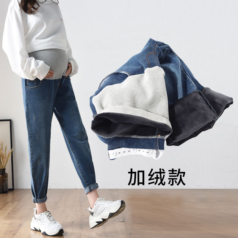 Pregnant Women&#039;s Pants Jeans plus-Sized plus Size Autumn and Winter Trousers Daddy Casual Pants High Elastic Pencil Pants plus Velvet Thickened