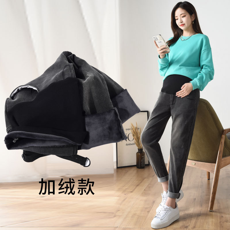 Pregnant Women&#039;s Pants Jeans plus-Sized plus Size Autumn and Winter Trousers Daddy Casual Pants High Elastic Pencil Pants plus Velvet Thickened