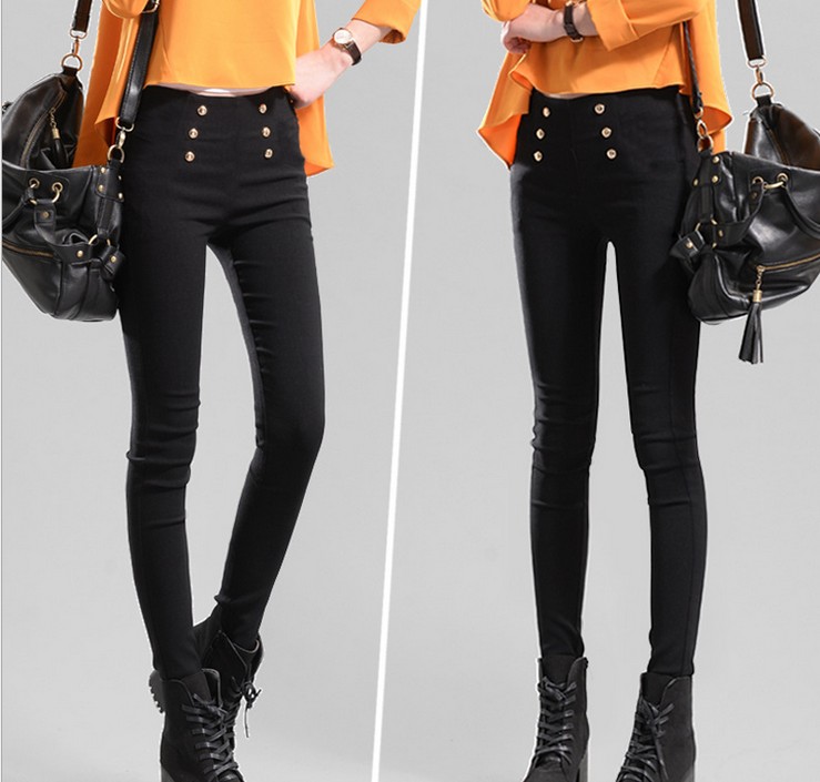 Korean Style Slim Fit Slimming High Waist Double Breasted Button Tappered Pencil Pants Leggings Women&#039;s Pants