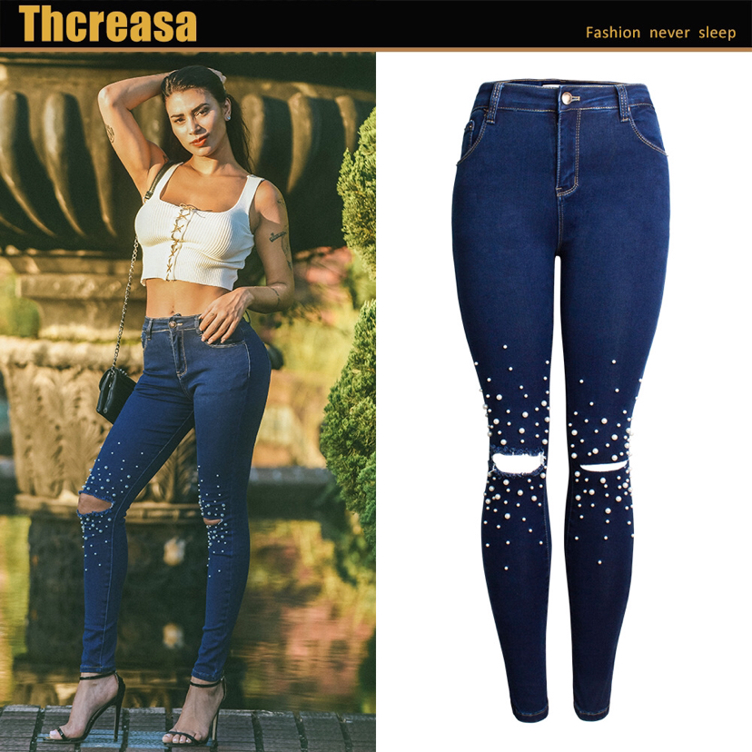European and American Women&#039;s New Waisted Slim - Fit Pants Pencil Pants Pearl Ladies Cowboy Pants Foreign Trade 307