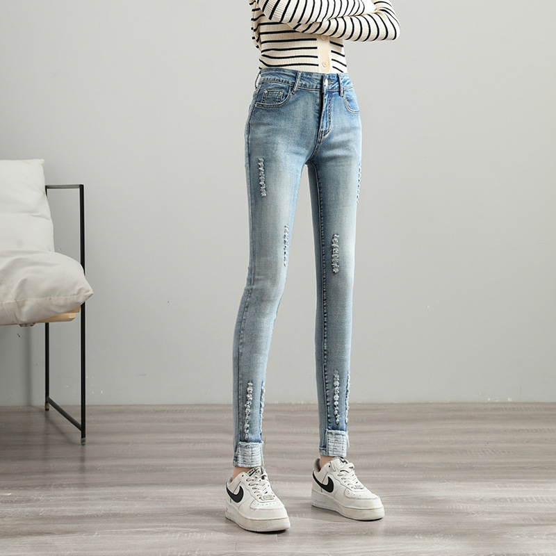 Autumn Women&#039;s High Waist Slim Fit Slimming Jeans Women&#039;s Korean Style Hole Light Pencil Pants Student Long Skinny Pants