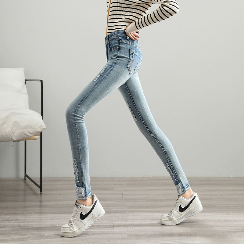 Autumn Women&#039;s High Waist Slim Fit Slimming Jeans Women&#039;s Korean Style Hole Light Pencil Pants Student Long Skinny Pants
