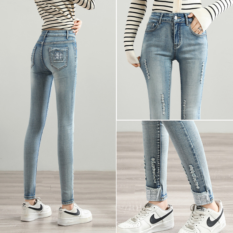 Autumn Women&#039;s High Waist Slim Fit Slimming Jeans Women&#039;s Korean Style Hole Light Pencil Pants Student Long Skinny Pants