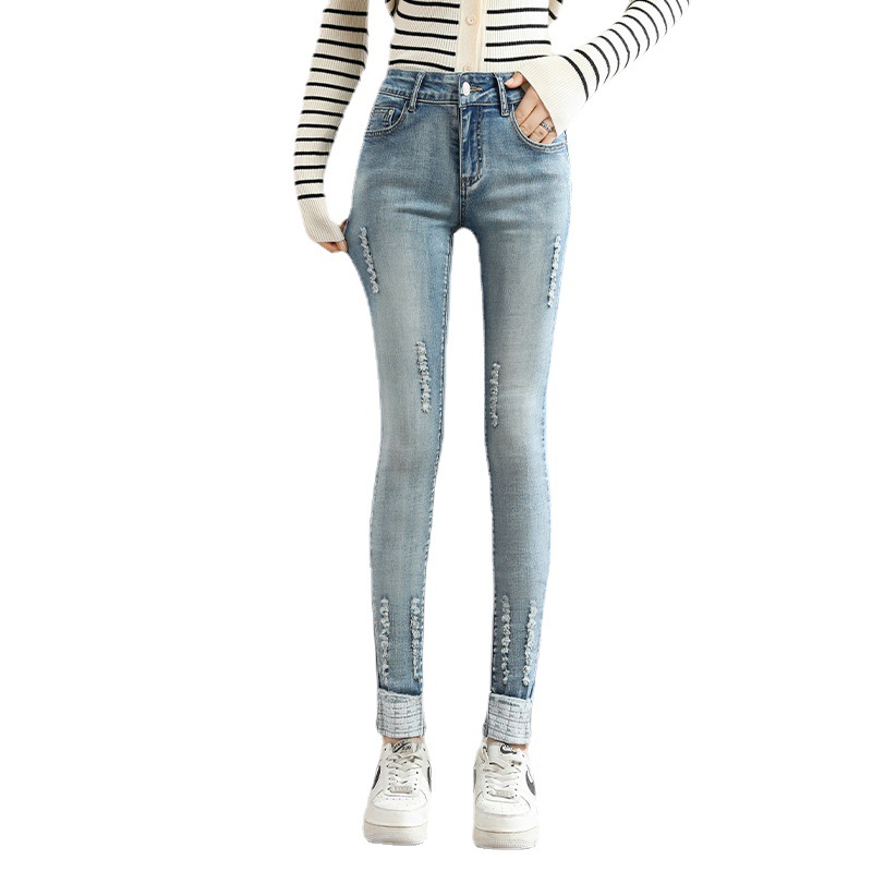 Autumn Women&#039;s High Waist Slim Fit Slimming Jeans Women&#039;s Korean Style Hole Light Pencil Pants Student Long Skinny Pants