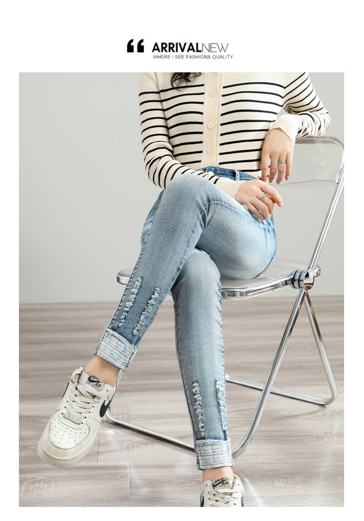 Autumn Women's High Waist Slim Fit Slimming Jeans Women's Korean Style Hole Light Pencil Pants Student Long Skinny Pants