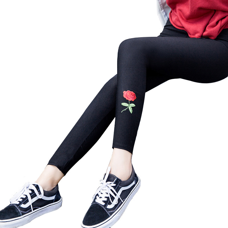 Embroidered Rose Leggings Outer Wear Tight Tappered Pencil Pants Black Thin Cropped Women&#039;s Pants Spring and Autumn Trousers
