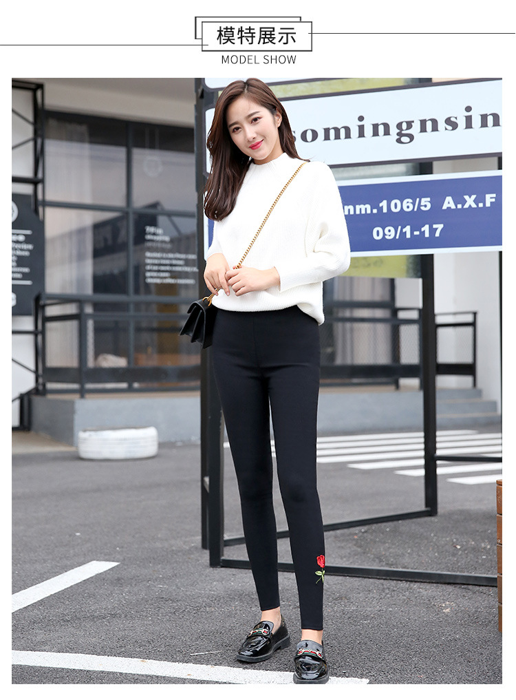 Embroidered Rose Leggings Outer Wear Tight Tappered Pencil Pants Black Thin Cropped Women's Pants Spring and Autumn Trousers