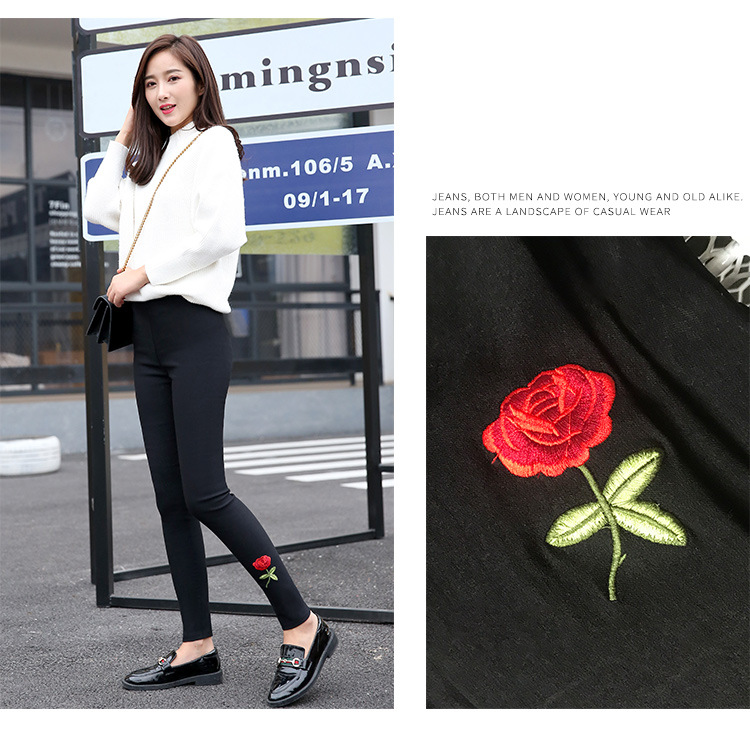 Embroidered Rose Leggings Outer Wear Tight Tappered Pencil Pants Black Thin Cropped Women's Pants Spring and Autumn Trousers