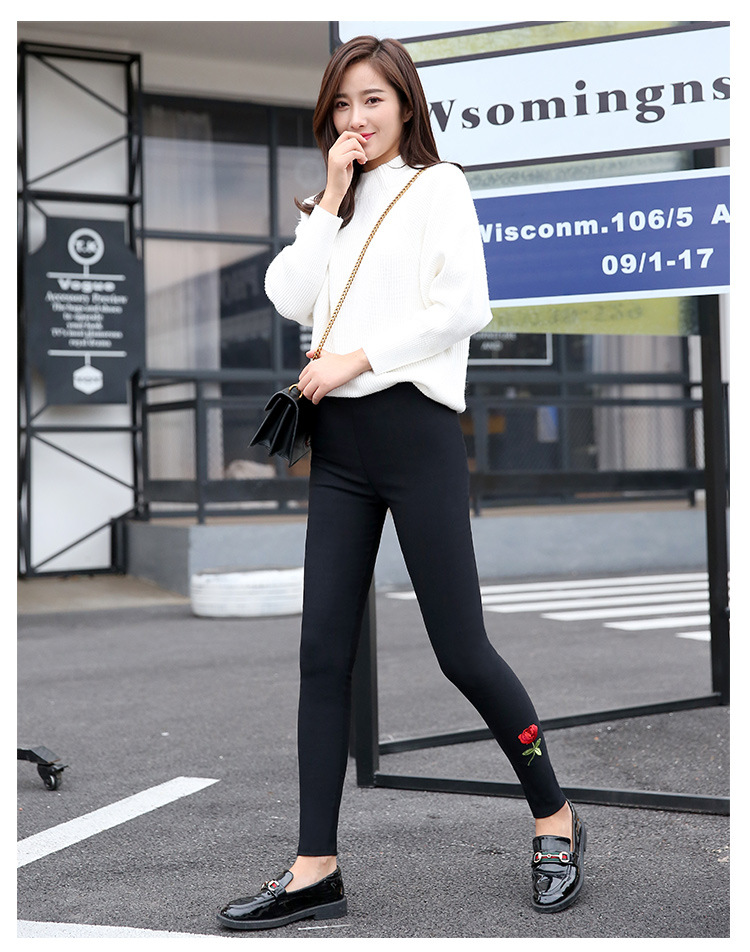 Embroidered Rose Leggings Outer Wear Tight Tappered Pencil Pants Black Thin Cropped Women's Pants Spring and Autumn Trousers