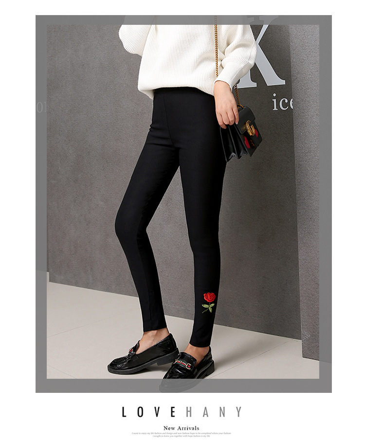 Embroidered Rose Leggings Outer Wear Tight Tappered Pencil Pants Black Thin Cropped Women's Pants Spring and Autumn Trousers