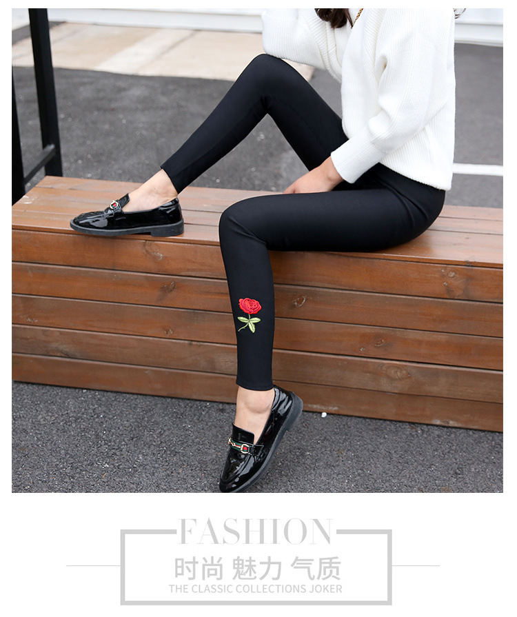 Embroidered Rose Leggings Outer Wear Tight Tappered Pencil Pants Black Thin Cropped Women's Pants Spring and Autumn Trousers