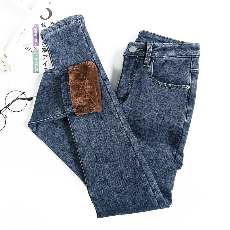 2020 Autumn and Winter Fleece-Lined Thick Warm Pants Women&#039;s Stretch Slim Women&#039;s Clothing Tappered Pencil Pants All-Matching Jeans Women