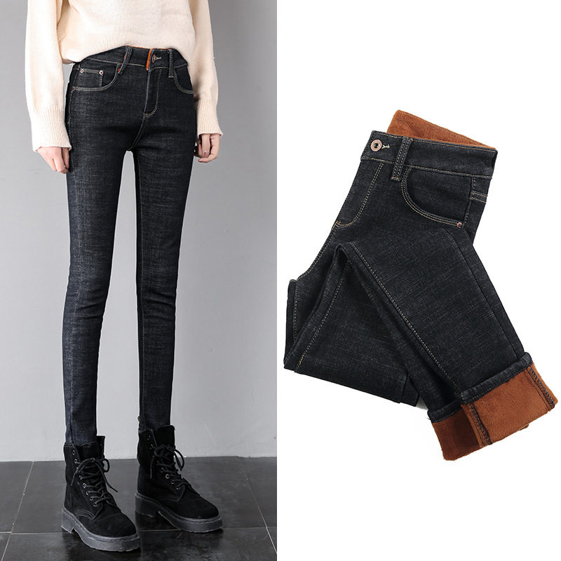 2020 Autumn and Winter Fleece-Lined Thick Warm Pants Women's Stretch Slim Women's Clothing Tappered Pencil Pants All-Matching Jeans Women