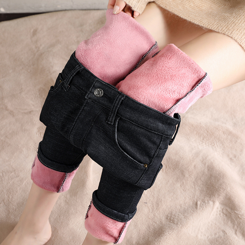 2020 Autumn and Winter Fleece-Lined Thick Warm Pants Women's Stretch Slim Women's Clothing Tappered Pencil Pants All-Matching Jeans Women