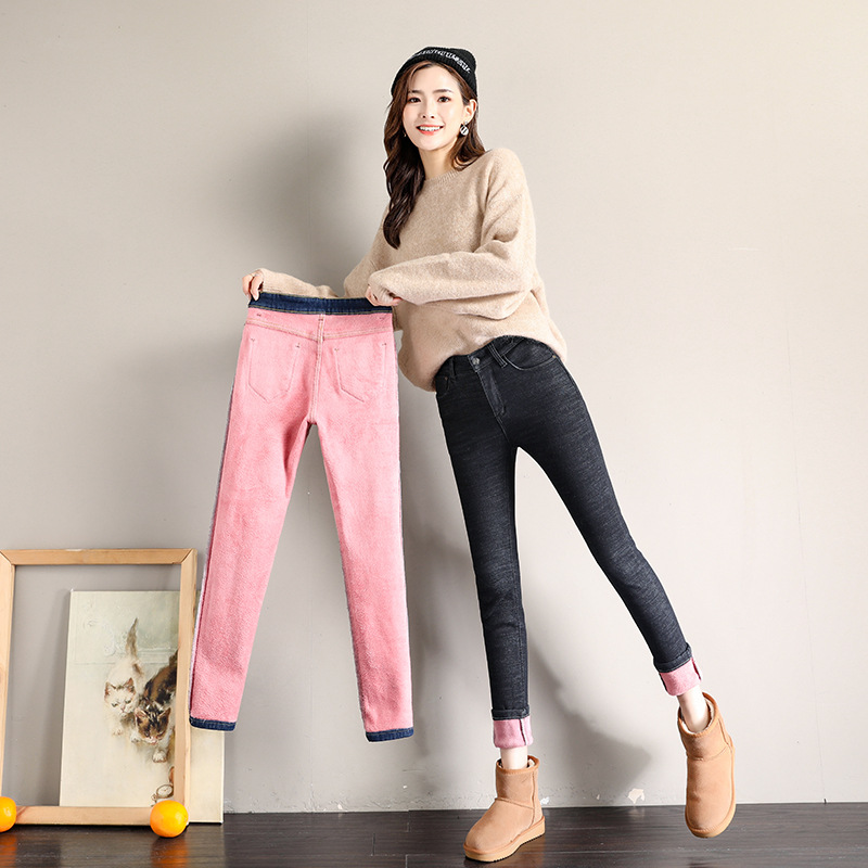2020 Autumn and Winter Fleece-Lined Thick Warm Pants Women's Stretch Slim Women's Clothing Tappered Pencil Pants All-Matching Jeans Women