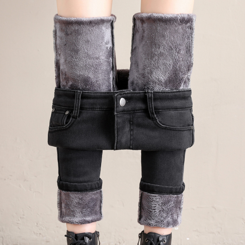 2020 Autumn and Winter Fleece-Lined Thick Warm Pants Women's Stretch Slim Women's Clothing Tappered Pencil Pants All-Matching Jeans Women