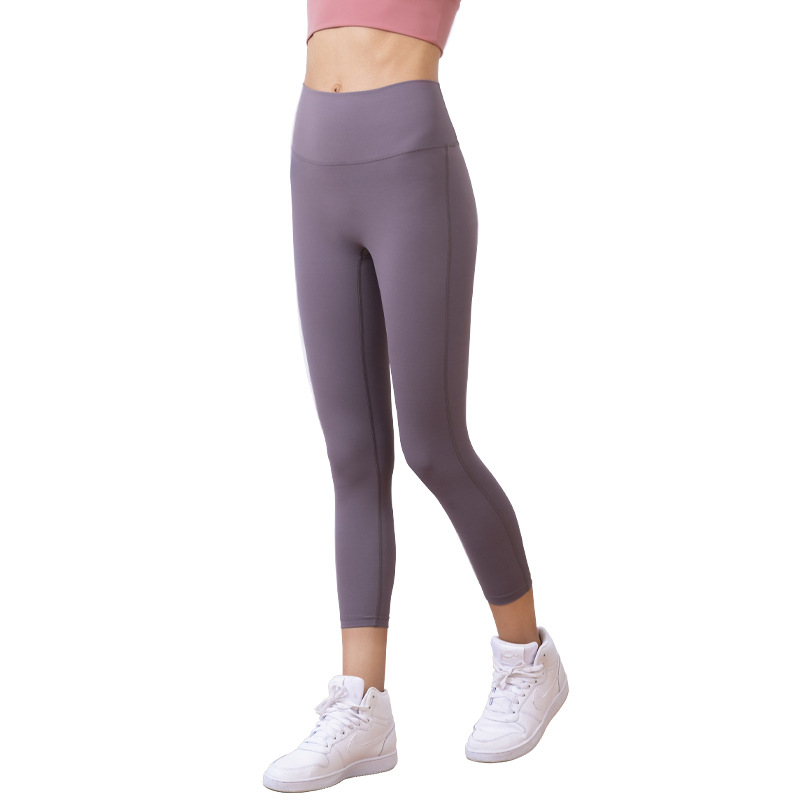Lulu Double-Sided Brushed Nude Feel Yoga Pants No Embarrassment Line One-Piece Hip Lifting Peach Pants Running Sports Ninth Pants