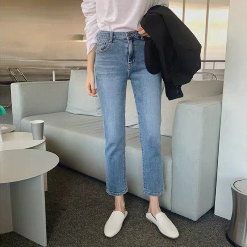 Light-Colored Short Straight-Leg Frayed Hem Jeans Women Chic Korean Style High Waist Elastic Slim Fit Ripped Cropped Trousers Fashion