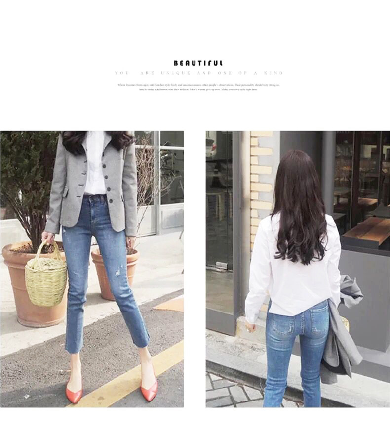 Light-Colored Short Straight-Leg Frayed Hem Jeans Women Chic Korean Style High Waist Elastic Slim Fit Ripped Cropped Trousers Fashion Light-Colored Short Straight-Leg Frayed Hem Jeans Women Chic Korean Style High Waist Elastic Slim Fit Ripped Cropped Trousers Fashion