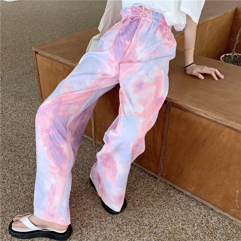Foreign Trade Wholesale Thailand Cross-Border Hot Tie-Dyed Wide-Leg Pants Women&#039;s 2021 Summer New Cropped Trousers