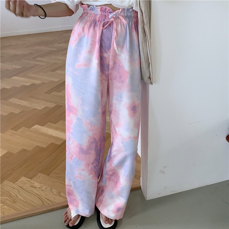 Foreign Trade Wholesale Thailand Cross-Border Hot Tie-Dyed Wide-Leg Pants Women&#039;s 2021 Summer New Cropped Trousers