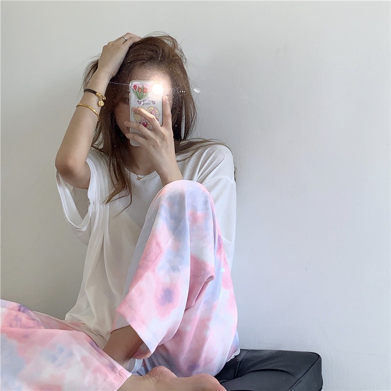 Foreign Trade Wholesale Thailand Cross-Border Hot Tie-Dyed Wide-Leg Pants Women's 2021 Summer New Cropped Trousers Foreign Trade Wholesale Thailand Cross-Border Hot Tie-Dyed Wide-Leg Pants Women's 2021 Summer New Cropped Trousers