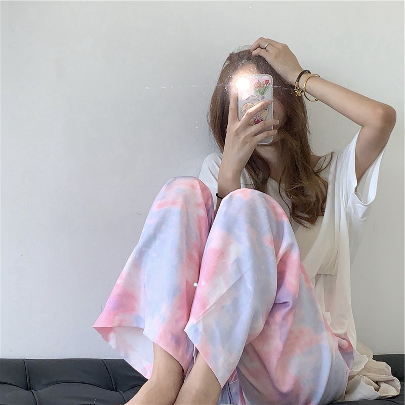 Foreign Trade Wholesale Thailand Cross-Border Hot Tie-Dyed Wide-Leg Pants Women's 2021 Summer New Cropped Trousers Foreign Trade Wholesale Thailand Cross-Border Hot Tie-Dyed Wide-Leg Pants Women's 2021 Summer New Cropped Trousers
