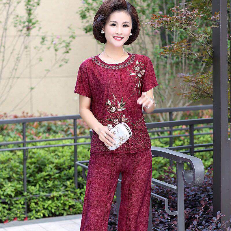 New 2019 summer short-sleeved cropped trousers imitation ice silk two-piece women&#039;s plus-size