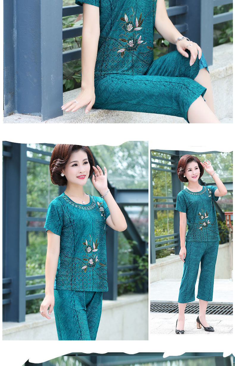 New 2019 summer short-sleeved cropped trousers imitation ice silk two-piece women's plus-size New 2019 summer short-sleeved cropped trousers imitation ice silk two-piece women's plus-size