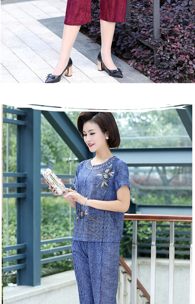New 2019 summer short-sleeved cropped trousers imitation ice silk two-piece women's plus-size New 2019 summer short-sleeved cropped trousers imitation ice silk two-piece women's plus-size