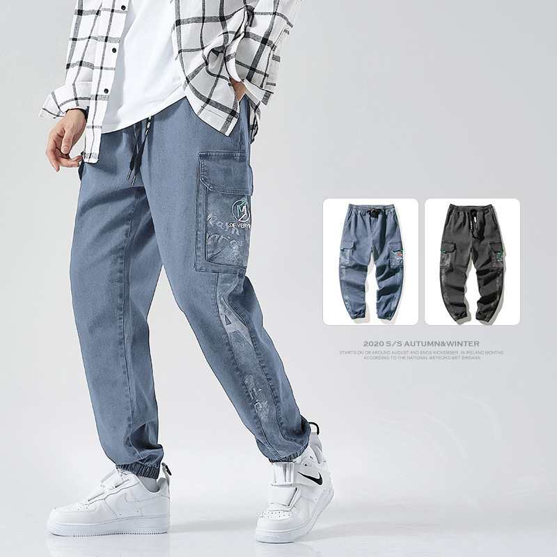 Men&#039;s Jeans 2021 Spring and Autumn New Elastic Straight Jeans Men&#039;s Loose Cargo Casual Cropped Trousers