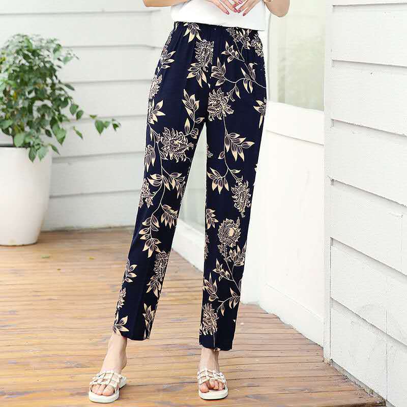 Popular Middle-Aged and Elderly Cotton Silk Cropped Trousers Air Conditioning Room Homewear Mother&#039;s Casual Loose plus-Sized Size Widened Pajama Pants